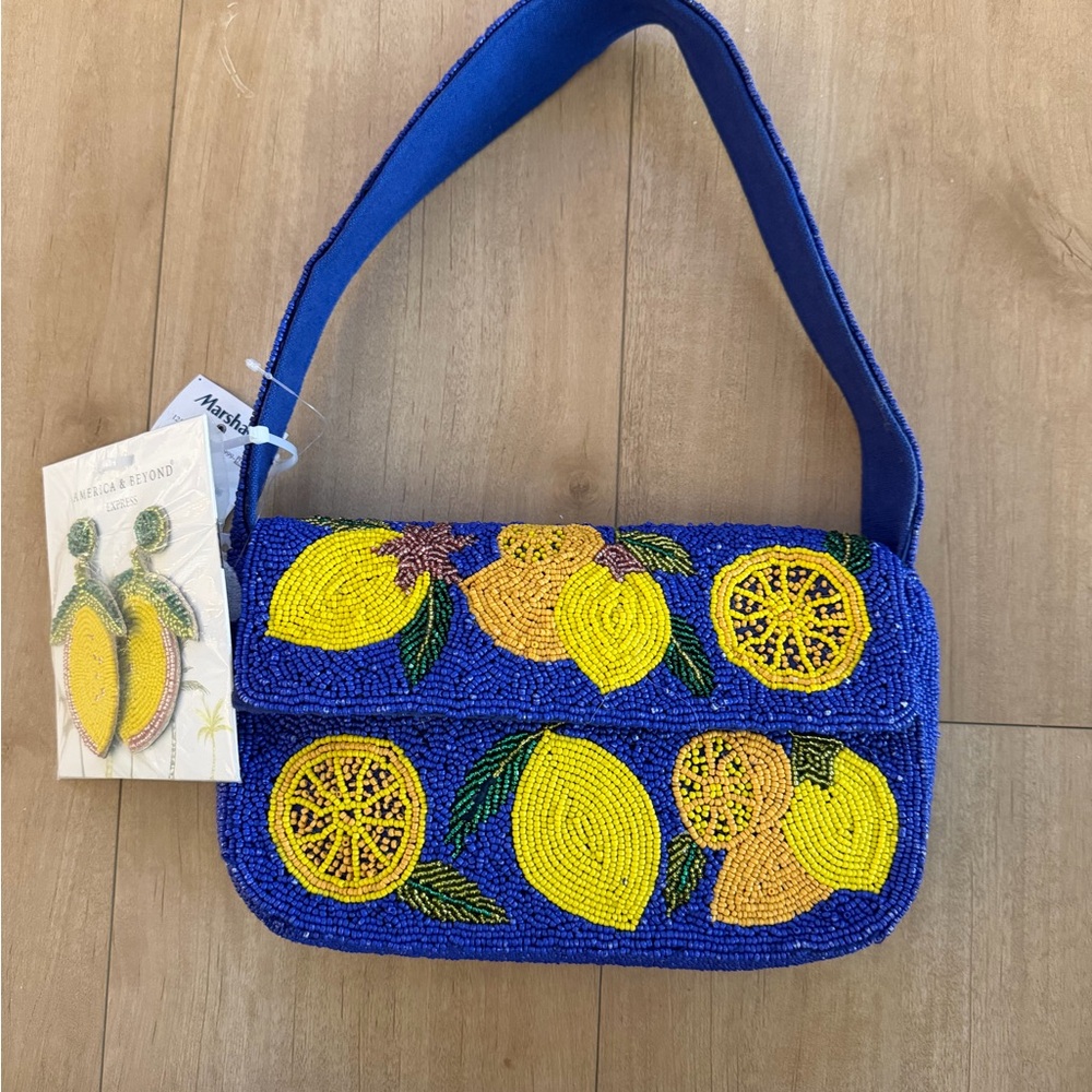 America and Beyond Lemon Blue and Yellow Beaded Women's Bag & earrings